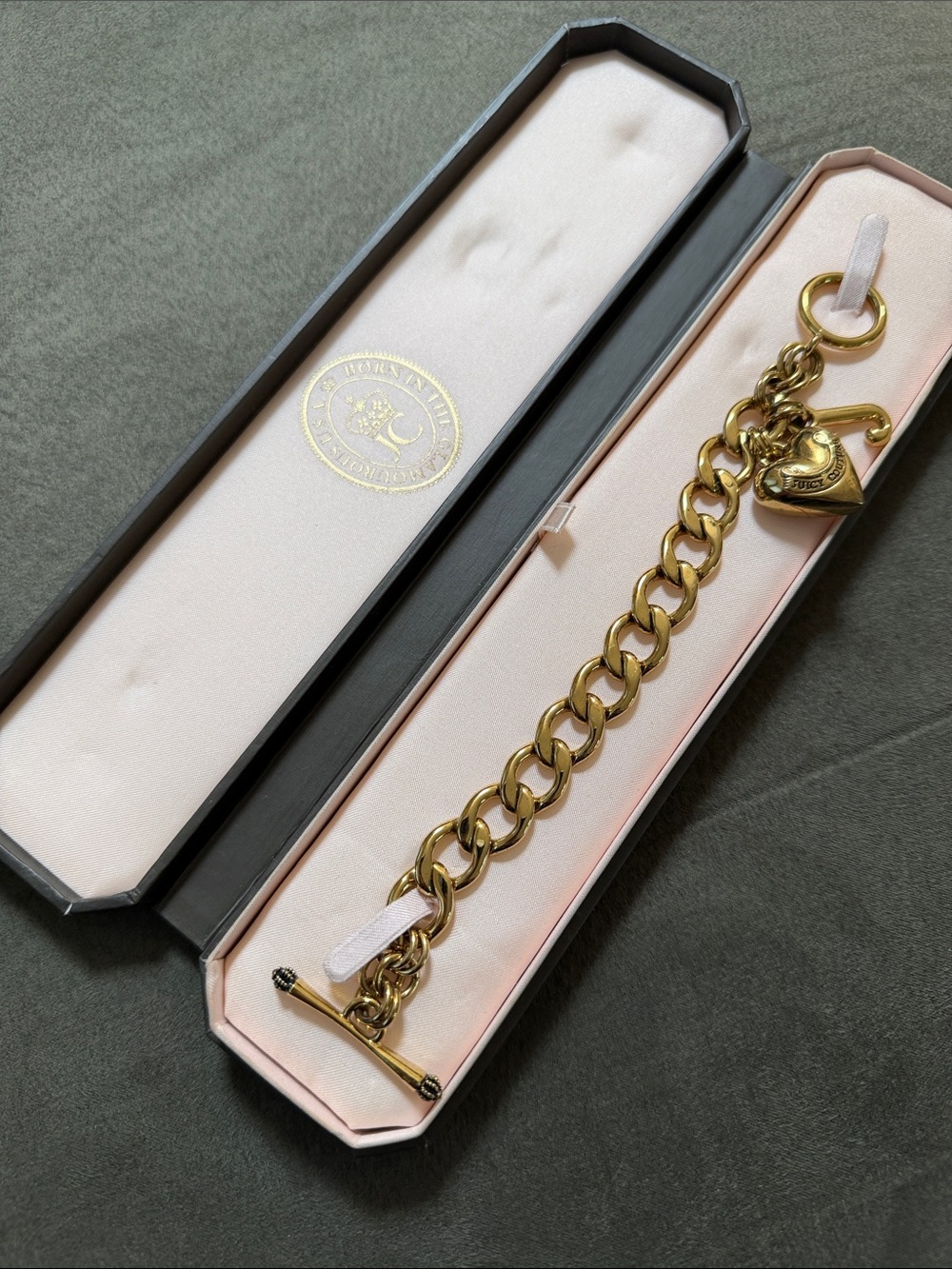 Juicy Couture Polished Gold Link Bracelet with Heart/J Charms, VINTAGE, NIB